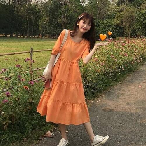 Dress Women Loose Female Kawaii Fashion Korean Style Sweet All-match Round Neck Summer Dresses Mujer Ropa Vestidos Pure Color
