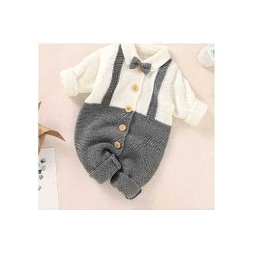 Baby Boys Casual Knitted Romper, Baby Clothes Grey Turn-down Collar Long Sleeve Button-down Jumpsuit