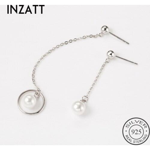 INZATT Tassel Real 925 Sterling Silver Pearl Dangle Drop Earrings Asymmetry Round Chain Long Line For Women Fashion Jewelry Gift