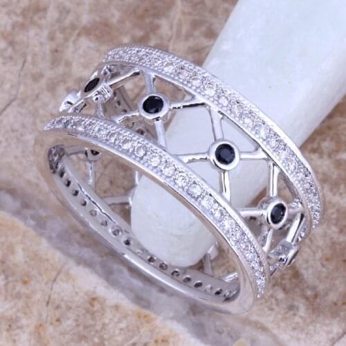 Fabulous Black Cubic Zirconia White CZ Silver Plated Ring Size 5 / 7 E628