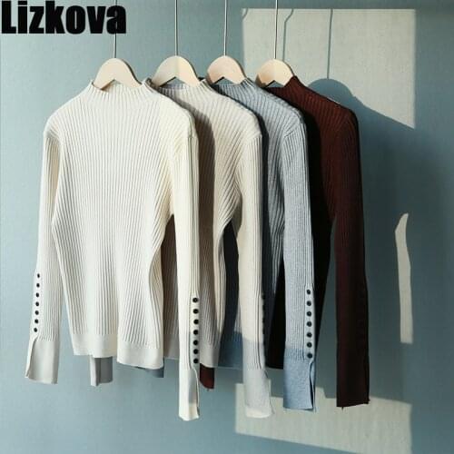 Lizkova Knitted Ribbed Sweater Women Winter Turtleneck Pullover Elegant Button Cuff Slim Sweater