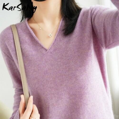 Women Sweaters And Pullovers 2021 Autumn Knitted Top Jumper Women Pulovers Purple V Neck Sweater Basic Winter Sweater Woman