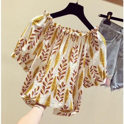 Korean Style Women Spring Summer Chiffon Blouses Shirts Lady Slash Neck Short Lantern Sleeve Printed Blusas Tops 15108
