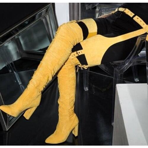 Yellow Red Black Suede Pointed Toe Woman Over The Knee Buckles Sexy Pants Belts Boots High Heel Square Toe Long Boots Lady