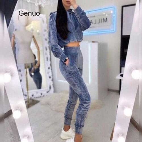 Women Two Piece Outfits for Women Solid Autumn Long Sleeve Hooded Crop Top and Elastic Waist Pants Sets Casual Sportswear Ropa