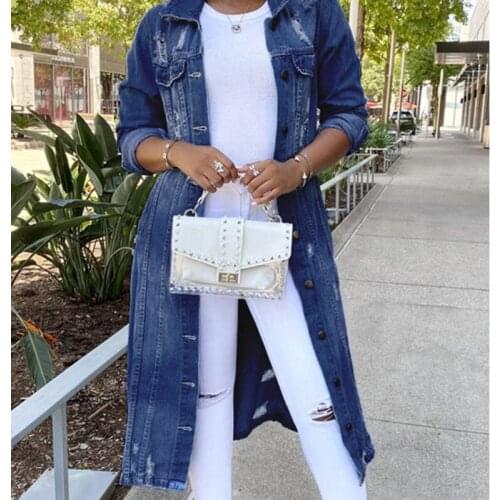 2021 Retro Casual Long Jeans Winter Denim Long Trench Coat Jacket Ripped Denim Jacket Female Ladies Sexy Ripped Denim