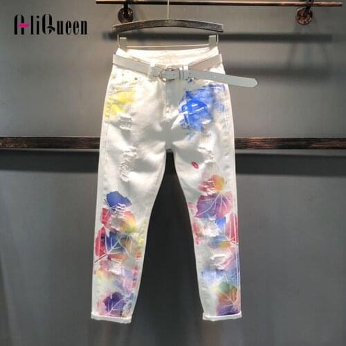 2021 Women Vintage Casual Tie Dye White Denim Pants Female Streetwear Scratched Slim High Waisted Pencil Woman Jeans Plus Size