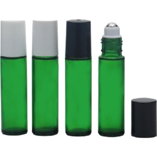 10ML White Black Lid Empty Green Glass Perfume Essential Oil Packaging Steel Bead Roller Vials Roll On Bottles 50pcs/Lot