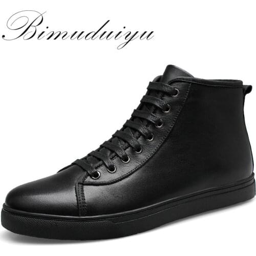 BIMUDUIYU Autumn Winter Handmade Genuine leather Men Boots Warm Fur Plus Size Winter Shoes Lace Up Ankle Boots For Russian