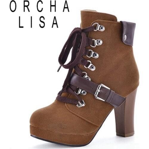 ORCHALISA 2021 Ankle Boots Belt Buckle Flock Zip Lace Up Patchwork Platform Nightclub Block Heel Blue Brown Green Black A4518