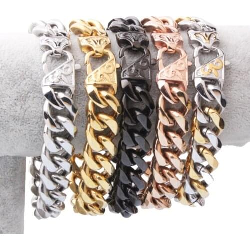 12/15mm Trendy Silver Color/Gold/Black Stainless Steel Cuban Curb Link Chain Mens Womens Bracelet Wristband 7-11inch Choose