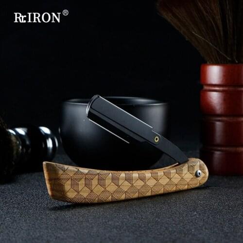 RIRON Professional Barber Rosewood Plaid Stainless Steel Folding Razor MenS Manual Beard Shaving And Care
