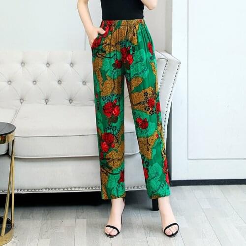 Spring Print Loose Women Casual Pencil Pants Loose Elastic High Waist Ladies Trousers Female Ankle Length Pants with Pockets