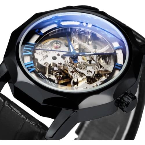 WINNER Silver Skeleton Watch Men Luxury Irregular Dial Top Brand Business Mens Watches Leather Strap Clock relogio masculino New