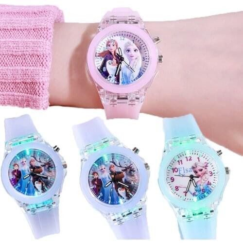 Disney Frozen Princess Pattern Children LED Watch Toys Fashion Crystal Cartoon Leather Quartz Wristwatch for Girls Kids Toy Gift