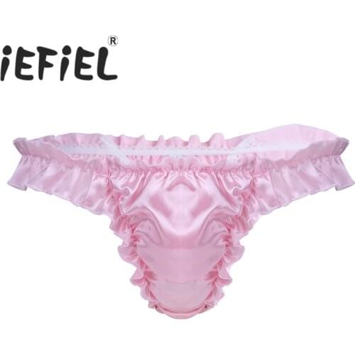 IEFiEL Hot Sale Sexy Mens Lingerie Soft Shiny Ruffled Frilly Sissy Bikini Briefs Thong Underwear Underpants Breathable Lingerie