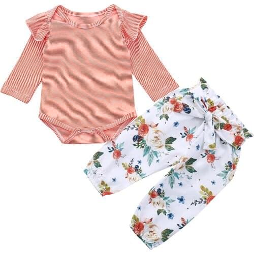 0-24M Newborn 2020 Spring Baby Girl Kids Striped Long Sleeves Bodysuit+Flower Pants 2pcs Outfit Clothes