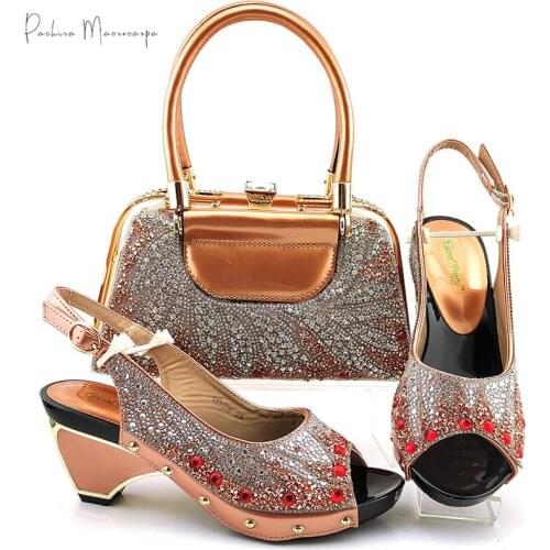 African Hot Selling Italian Design Lastest Nigerian Fashion Style Women Shoes and Bag Set in Champagne Color for Party Wedding