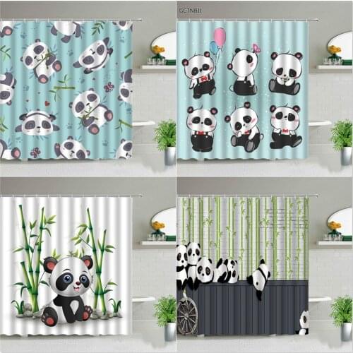 Cartoon Animal Panda Shower Curtains Set Green Bamboo Plants Print Children Room Bathroom Decor Luxury Polyester Bathtub Screen