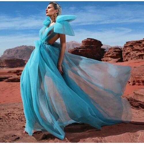 Romantic Vestidos Blue Backless Mesh Maxi Dress Sexy Women Fashion Sleeveless Bowtie Ruched Sheer Long Party Dress