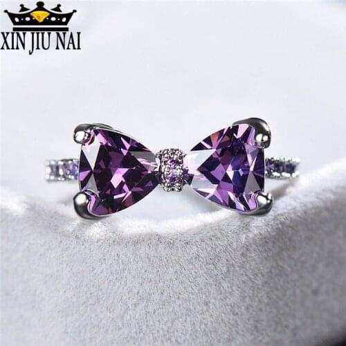 Luxury Women Crystal Purple Stone Ring Cute Design Small Bowknot Engagement Ring Boho Female Band diamond rings for women