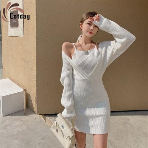 Cotday Kint Sexy & Club Fake Two Pieces Sling Off Shoulder Full Sleeve Spring White Show Thin Full Sleeve Tight Fitting Dress