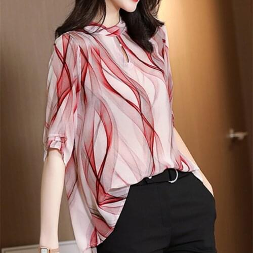 Chiffon shirt womens streamline printed blouse 2021 summer new temperament stand collar short sleeve shirt tide
