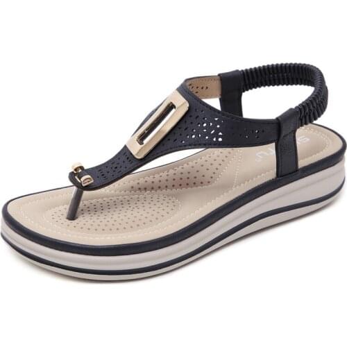 Summer Platform Flip Flops Women Solid Color Beach Sandals Soft Leather Comfortable Low Heels Flats Shoes Metal Big Size