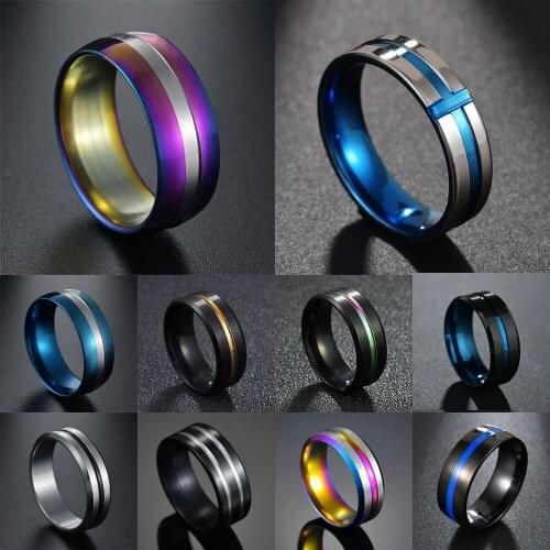 Blue Black Silvery Groove Ring for Men Women Rainbow Stainless Steel Wedding Bands Trendy Fraternal Rings Casual Male Jewelry