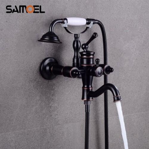 Luxury European Style Dual Handles Black Shower Faucet Set Wall Mounted Oil Rubbed Bronze Bathtub Faucet Mixer SF1051