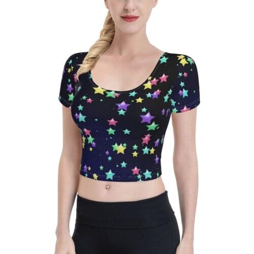 Rainbow tie-dye stylish womens short sleeved summer fitness cozy tight T-shirt Stars over the sky Navel Bare Cropped T-shirt