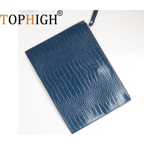 TOPHIGH Customized Letters Crocodile Ostrich Python Leather PU Clutch Handbag Unisex Laptop Bag For Macbook Wristlet Pouch Bag