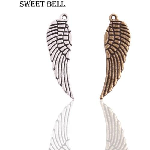 Sweet Bell Wholesale 60pcs/lot 9*30mm Two Color Metal Mini Angel Wings Charms Pendants Jewelry Making D0686