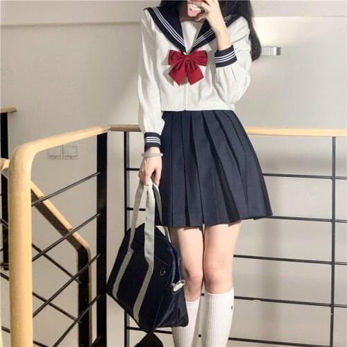 Thick White Three Lines Japanese School Uniform College High School Girls Student Uniforms Sailor Suit White Tops Pleated Skirt