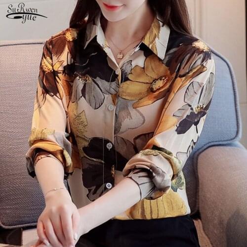 2020 Fall Elegant Lapel Long Sleeve Women Shirt Korean Loose Slim Casual Oil Painting Printed Chiffon Blouse Blusas Mujer 10746