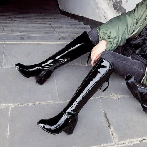 2021 Fashion Autumn Winter Boots Round Toe Square High Heels Shoes Knee High Boots Patent Boots Large Size 34-48