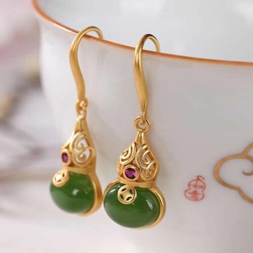 Natural Green Jadeite Earrings Women S925 Silver Gourd Dangle Earrings Ethnic Earrings