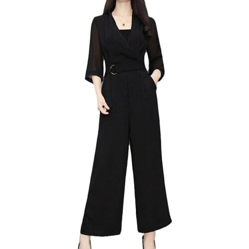 Jumpsuit Black Office Ladies Workwear Jumpsuit Wrap Belt Tailored Seven-Quarter Sleeve Pockets Women Elegant Female Rompers