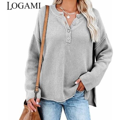 LOGAMI Elegant Button Knitted Oversized Sweater Women 2021 Autumn Long Sleeve Pollovers Female Jumper Top