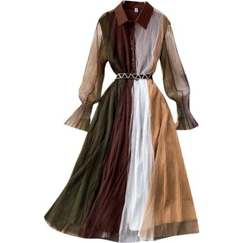 Womens contrast stitching dress 2021 new long-sleeved loose-fit fashion trendy spring and autumn
