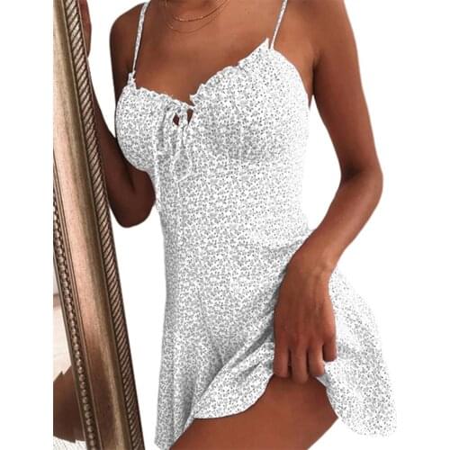 2020 Girls Sexy Sling Print Dress Women Chiffon Fabric Lace Up Loose Sleeveless Floral Print Sling Dresses Female Spring Summer