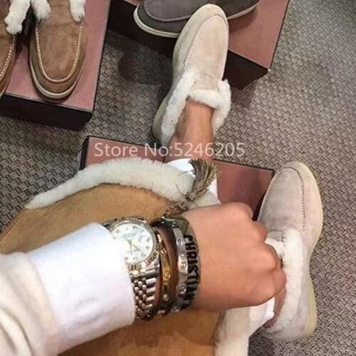 Winter Fashion Women Boots Pointed Toe Slip On Real Fur Suede Beige Black Suede Flats Women Wool Ankle Snow Boots