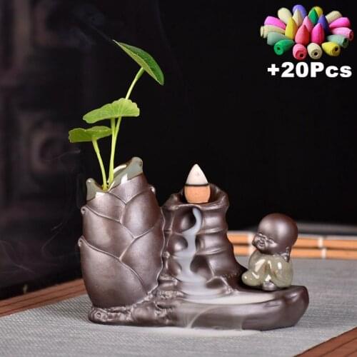 +20Incense Hand Made Backflow Incense Burner Buddha Incense Cones Holder Aromatherapy Censer Chinese Tea Set Purple Clay Tea Pet
