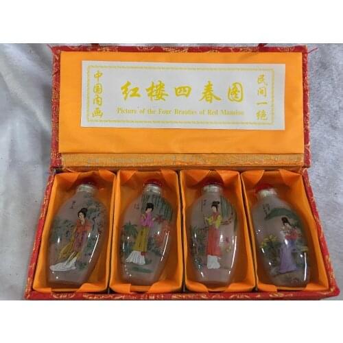4pc Chinese collection antique Dream of the red chamber painting glass SNUFF BOTTLE-painting home decoration SNUFF BOTTLE