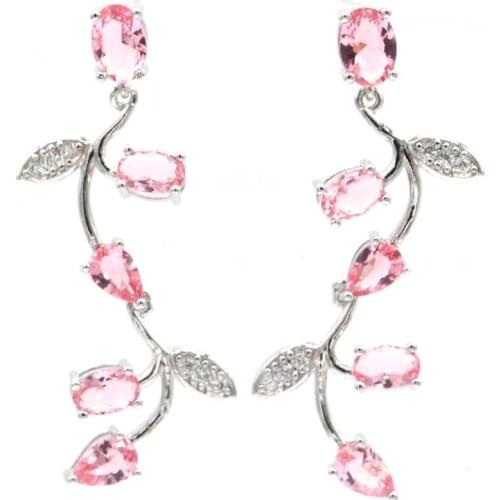 43x19mm SheCrown Romantic Created Pink Morganite New Stone Iolite CZ For Sister Daily Wear Silver Earrings