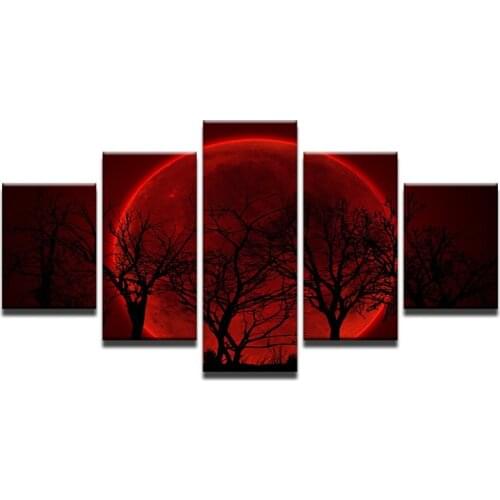 5 Panels HD Red Moon Night Forest Tree Canvas Prints Painting Wall Art 5 Pieces Picture Panels Poster For Living Room