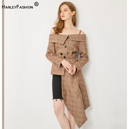 Stunning Unique Designing High Street Womens Elegant Off the Shoulder Plaid Printing Asymmetrical Slim Blazer High Quality