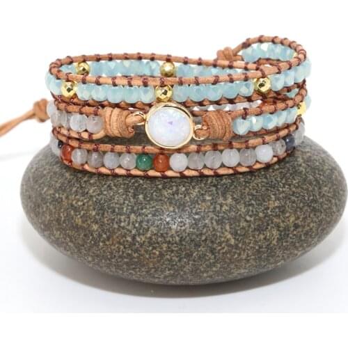 Natural Opal Stone Bracelets Rhinestone 3 strands Handmade Beads Wrap Bracelet for Men Women Jewelry