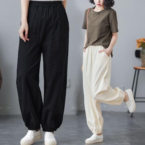 Women Pants Cotton Linen Bloomers Womens Summer Trousers Loose High Waist Leisure Pantalones De Mujer