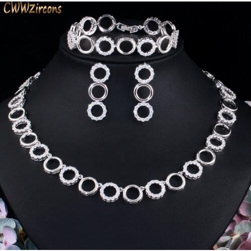 CWWZircons 3 pcs Round Wedding CZ Bracelet Necklace and Earrings Sets Shiny White Gold Color Dubai Bridal Costume Jewelry T515